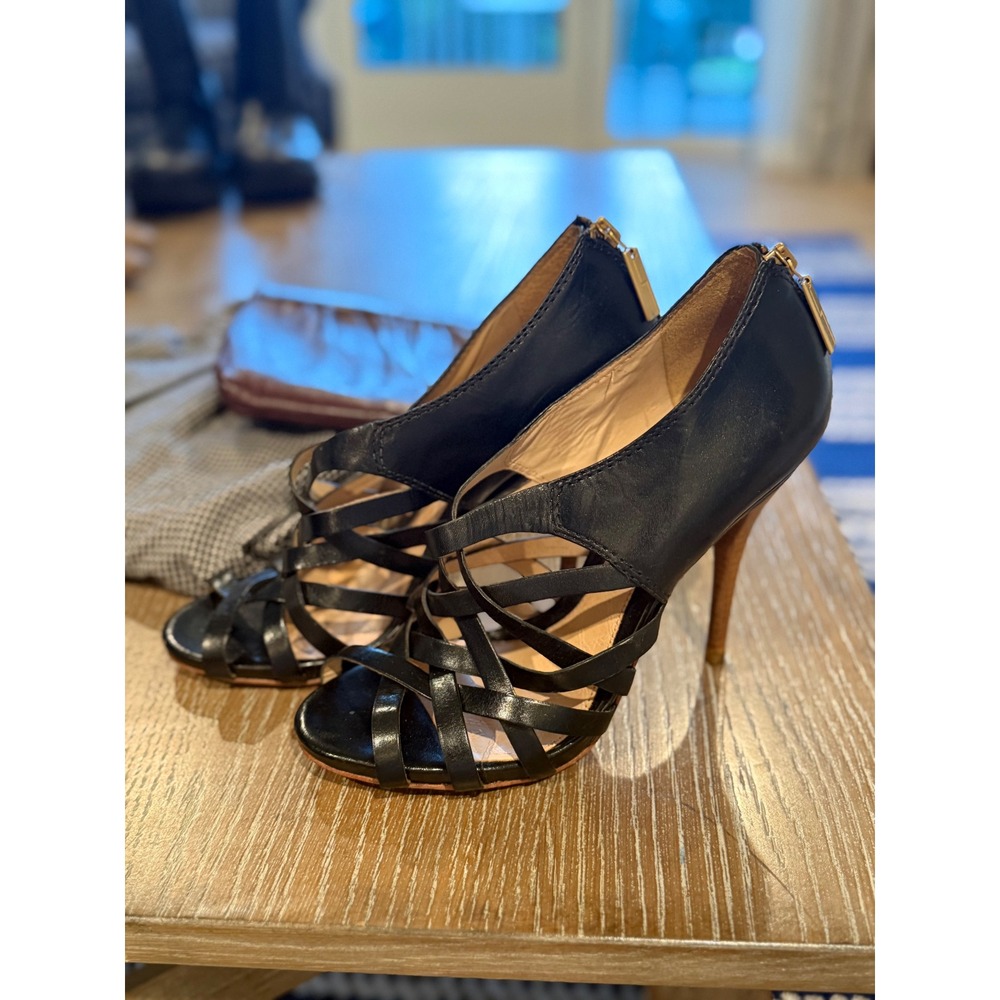 LAMB Gwen Stefani Black Leather Strappy Cage Heels Gold Zip Sandals Size 9.5